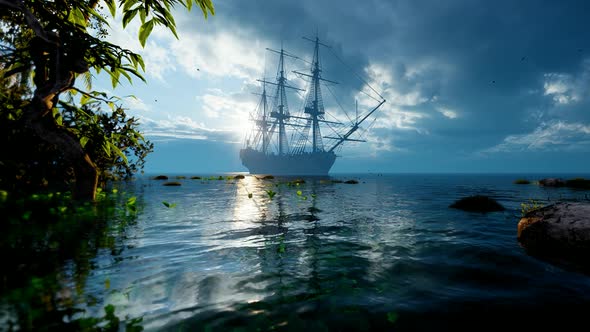 Ship Against The Backdrop Of A Stormy Sky