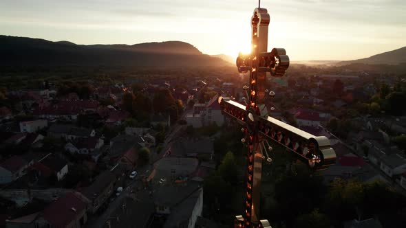 Golden Church Cross on Against Sunset Aerial View Majestic Temple in Ukraine