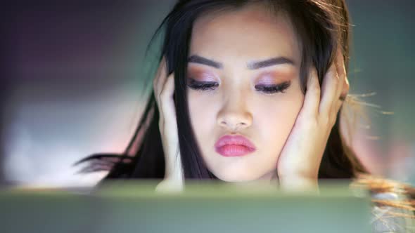 Closeup Portrait of Tired Business Woman Face Fall Asleep and Looking at Laptop Screen in Office