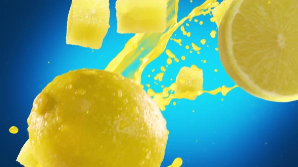 Lemon with Slices Falling on Blue Background
