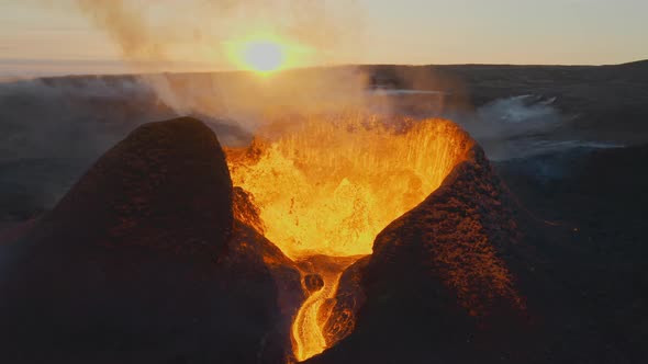 Lava Erupting Fagradalsfjall Volcano At Sunset In Reykjanes Peninsula Iceland