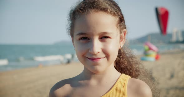 Portrait Funny Happy Little Girl Smiling Child Looking at Camera Cheerful Enjoying Warm Summer