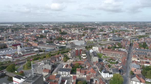 Roeselare City Aerial Approach, Train Entering the Station. Belgium.