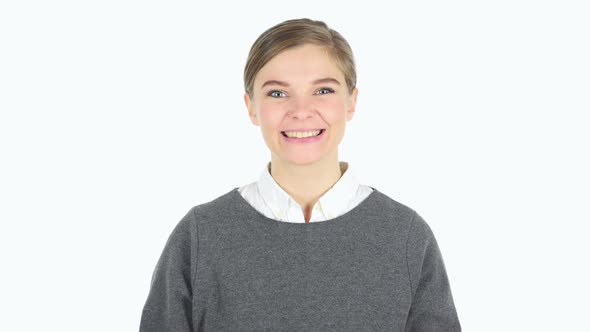 Young Woman Excited and Celebrating Success White Background