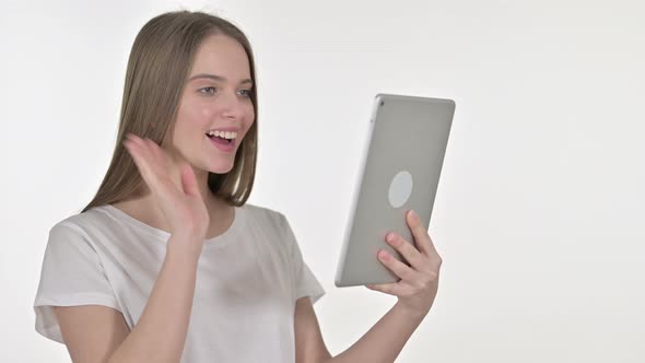 Video Chat on Tablet By Young Woman, White Background