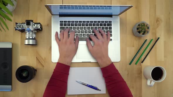 Man Hands Working On Notebook At Workplace Flat Lay