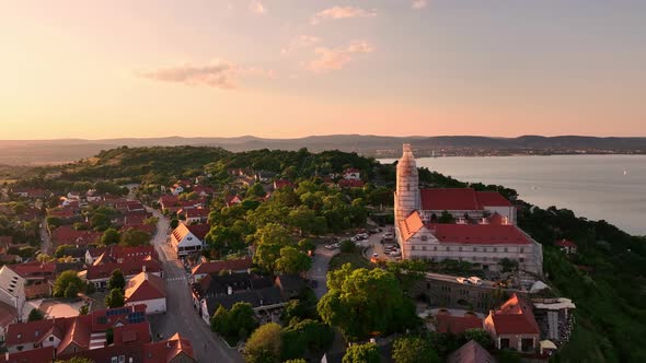 Aerial view of Tihany village overlooking Lake Balaton in Hungary - Sunset