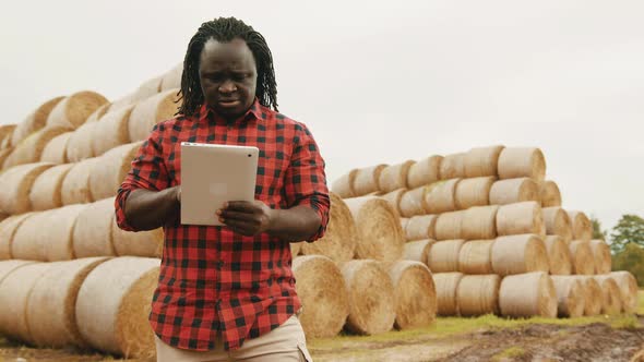 Young African Man,working on Tablet in Front of the Hay Roll Stack. Smart Farming Concept