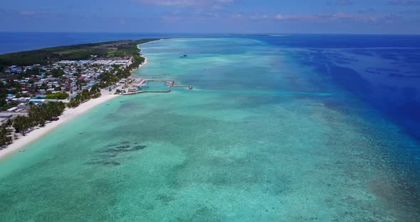 Natural aerial tourism shot of a summer white paradise sand beach and turquoise sea background in co