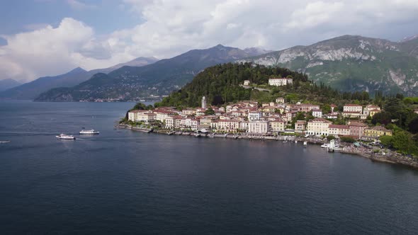 Aerial arc shows beautiful town of Bellagio situated on scenic Lake Como