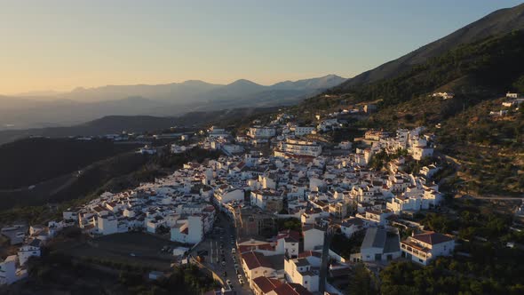 Aerial Drone View of Spain, Spanish Town in Mountains at Sunset, Costa Del Sol, Andalusia (Andalucia