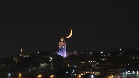 Istanbul bosphorus night galata tower moonset timelapse video