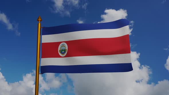 National flag of Costa Rica waving with flagpole and blue sky timelapse