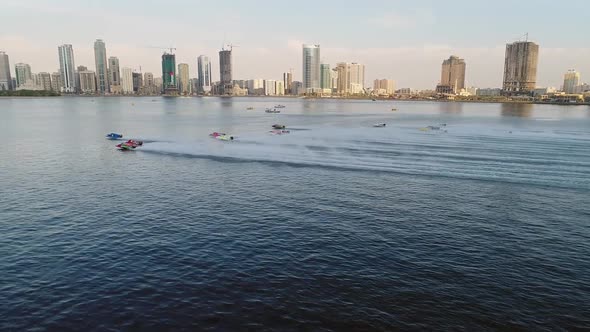 Aerial view of speedboats starting a race in Khalid lake in Sharjah, U.A.E.