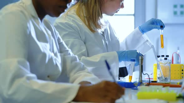 Two female scientists experimenting in laboratory 4k