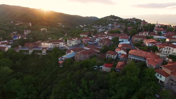 Aerial View of  Sighnaghi Town Located on Hills Golden Hour