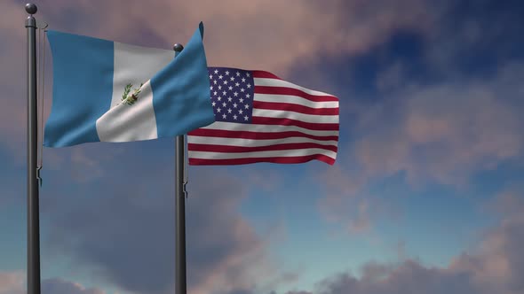 Guatemala Flag Waving Along With The National Flag Of The USA - 4K