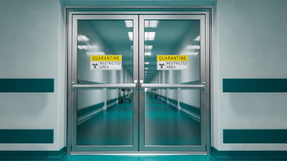 Quarantine sign on the glass door. A restricted area while an epidemic. 4K HD