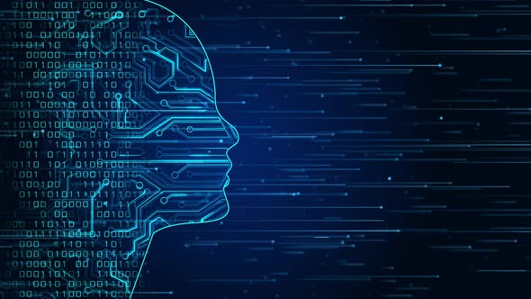 Future AI tech machine learning, face outline circuit board and binary data flow on blue .