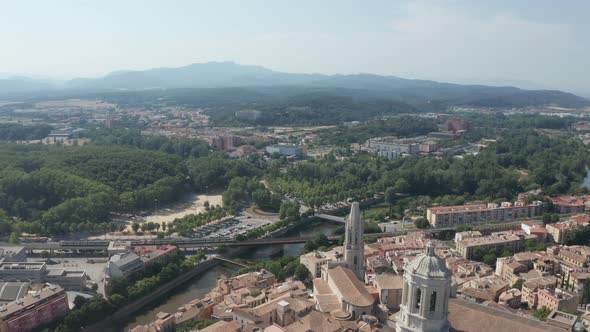 Drone Flight Over Girona Town and Old Buildings