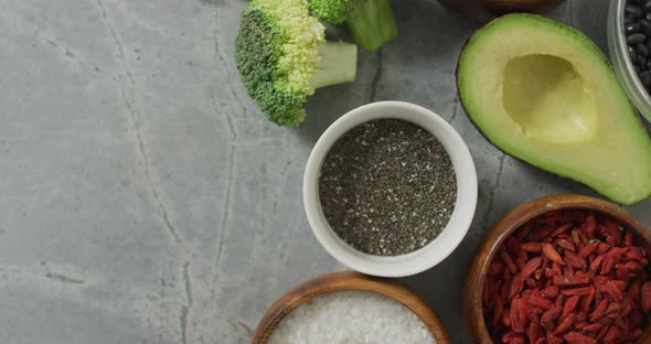 Video of fresh fruit and vegetables on stone kitchen worktop