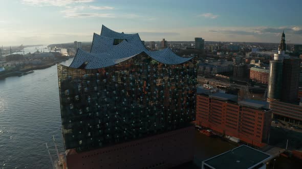 Close Up Aerial View of Elbphilharmonie Music Hall Building By Elbe River in Hamburg Germany
