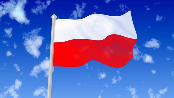 Poland National Flag Flying Wave In The Sky With Clouds