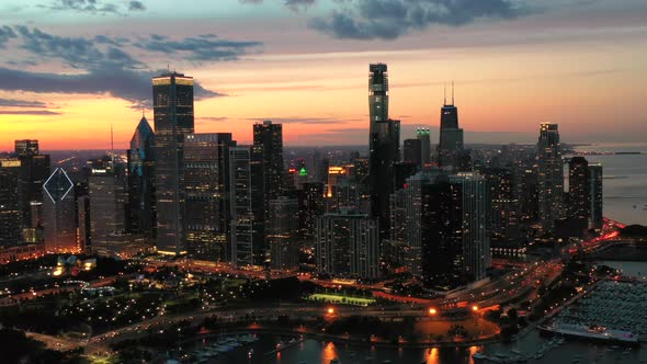 Aerial View of Chicago Lake Shore at Sunset 