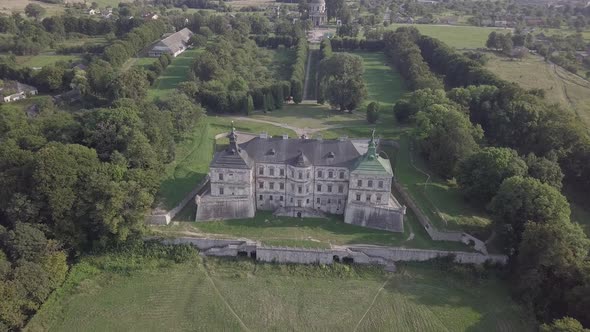 Aerial To Old Romantic Palace Castle Pidhirci in Ukraine