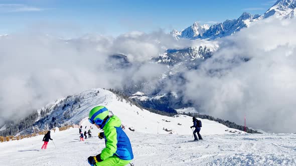 Child Ski Fast Downhill Over Beautiful Mont Blanc Mountains