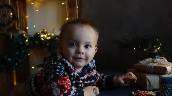 Cute Little Kid with Christmas Decorations at Home