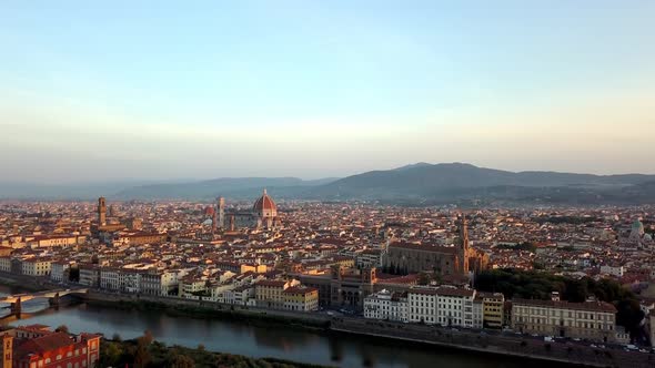 Florence Italy panorama with Basilica of Santa Croce, Duomo cathedral, Palazzo Vecchio and Arno rive