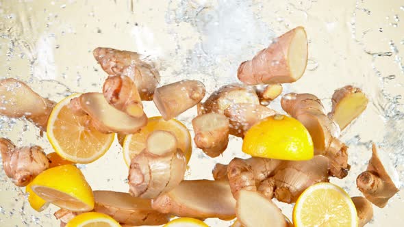 Super Slow Motion Shot of Flying Ginger Cuts Lomen Slices and Water Side Splash at 1000 Fps