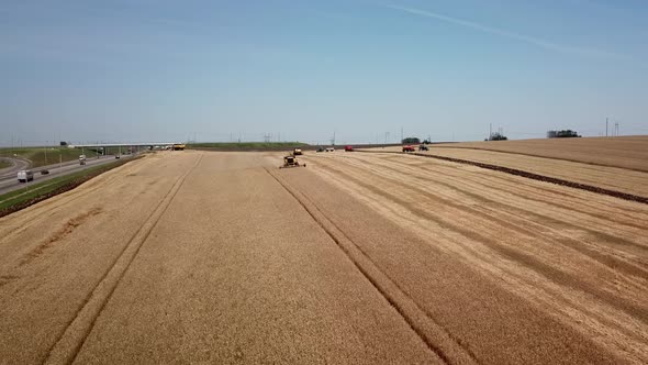 Aerial View of Combine Harvesters Agricultural Machinery. The Machine for Harvesting Grain Crops