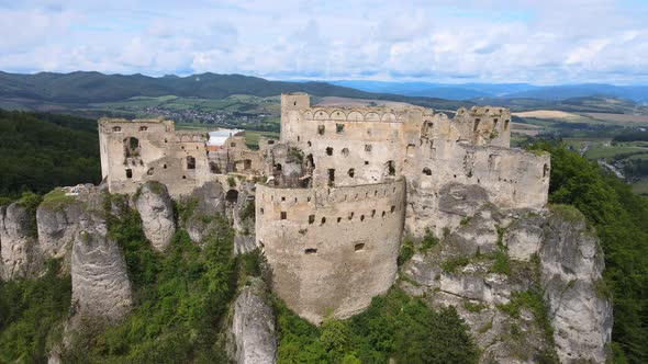 Aerial view of the castle in the village of Lietava in Slovakia