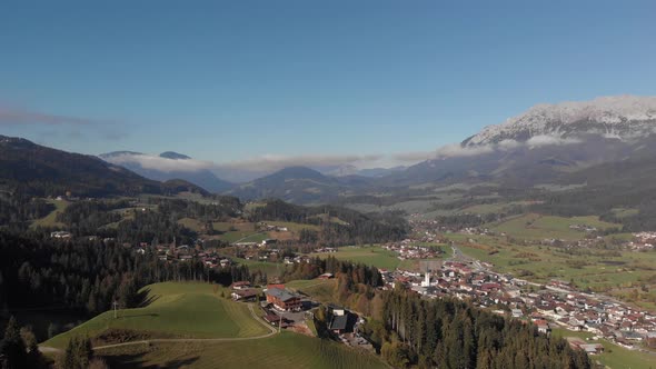 AERIAL: Pan shot of beautiful landscape of the austrian alps, tyrol