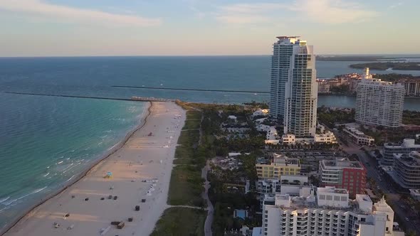 Aerial drone view of a calm morning at the South pointe Beach, in sunny Miami, USA