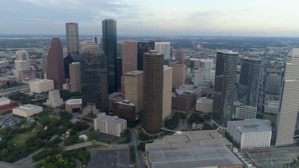 This video is about an aerial of the downtown Houston skyline in the evening. This video was filmed