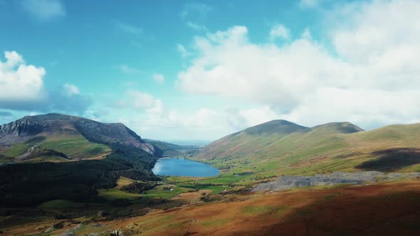 Aerial Slow push in on Snowdonia mountain and Llyn Llydaw (lake),Snowdonia,Wales,UK