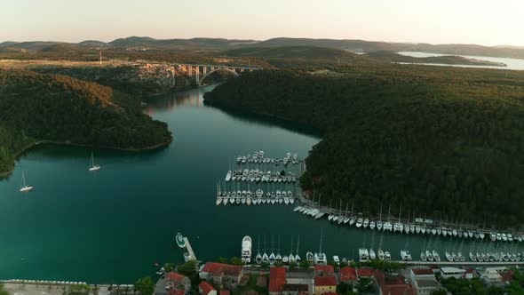 Aerial View of the Beautiful Old City Skradin at Sunset