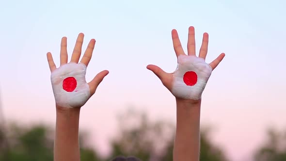 Child Hands Painted in Japan Flag Colors Making Different Signs Outdoor Over Sky Background