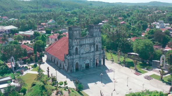 Aerial view of an ancient church in Phu Yen province, Vietnam. Mang Lang church