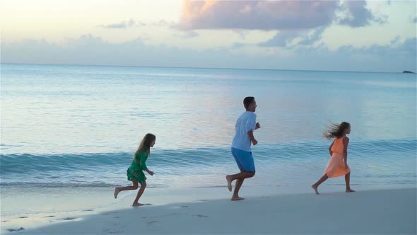 Father and Kids Enjoying Beach Summer Tropical Vacation, SLOW MOTION