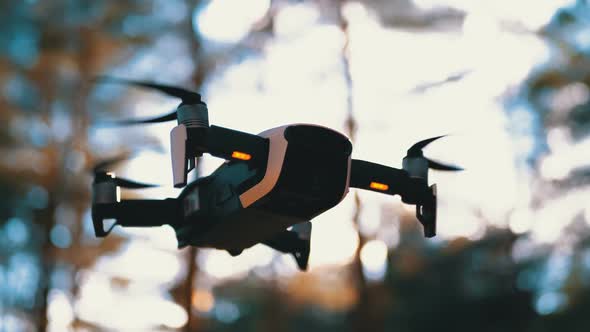 Drone with a Camera Hovers in the Air. Flies Above the Ground in the Forest. Slow Motion