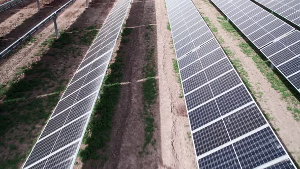 Sun shines on carbon positive green solar photovoltaic panels, electric energy, aerial