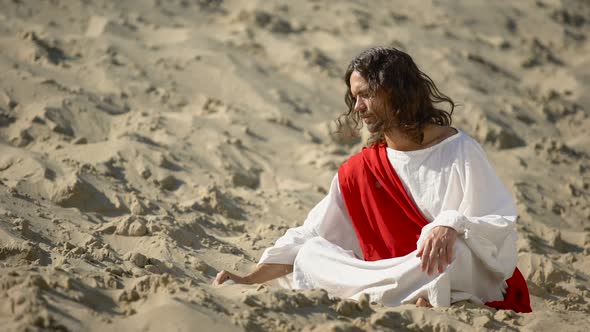 Philosopher Pouring Sand From Hand in Desert, Reflecting on Life and Time