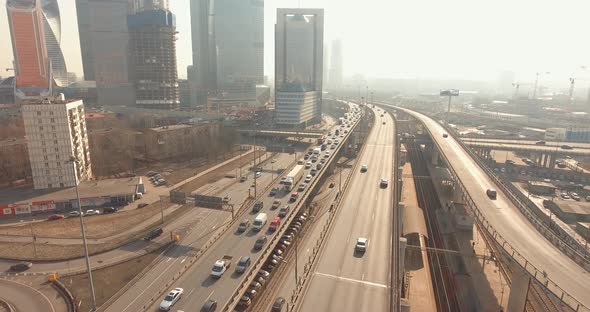 Aerial footage of cars going on the highway near Moscow City, Russia. Big traffic