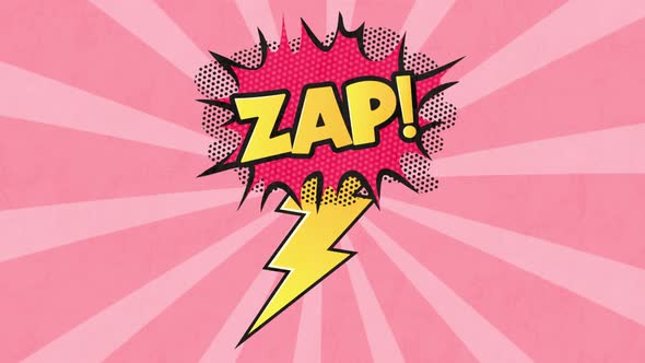 Animation of a cartoon bubble with ZAP written in yellow on a pink striped background