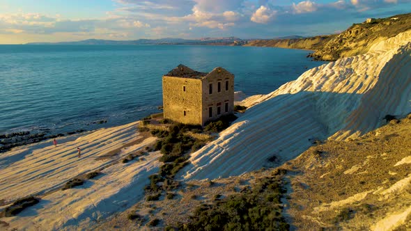 Punta Bianca Agrigento in Sicily Italy White Beach with Old Ruins of an Abandoned Stone House on