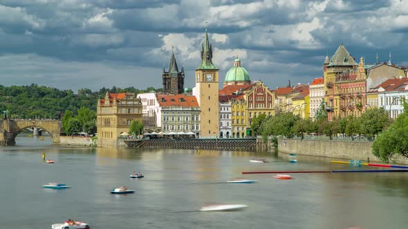 Charles Bridge and Historical Buildings Timelapse in Prague From Across the River